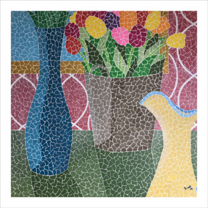 Un pichet a eau une vase bleu avec un seau de tulips